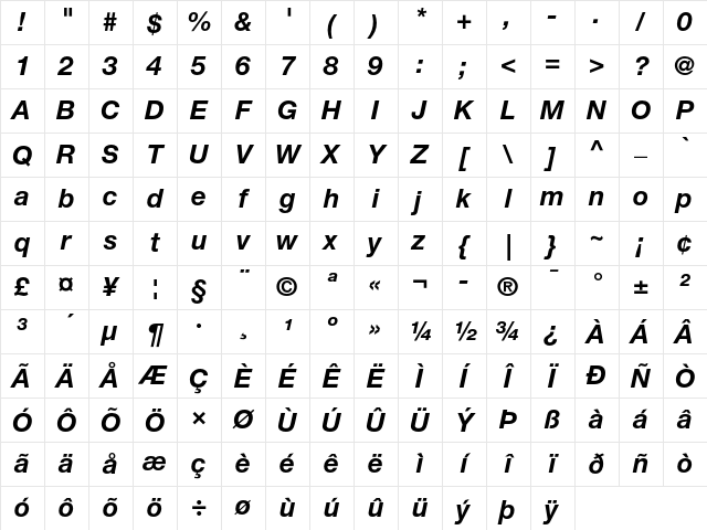Helvetica Neue 76 Bold Italic Character Map