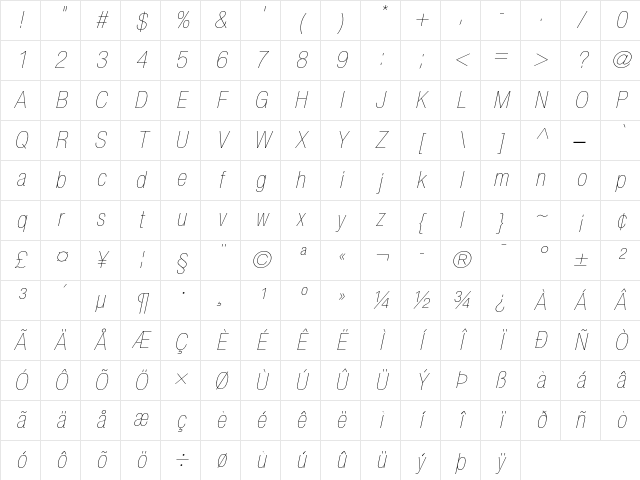 Helvetica Neue 27 Ultra Light Cond Oblique Character Map