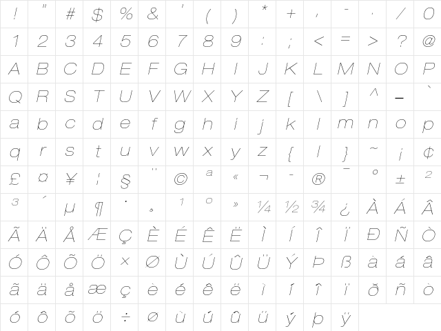 Helvetica Neue 23 Ultra Light Extended Oblique Character Map
