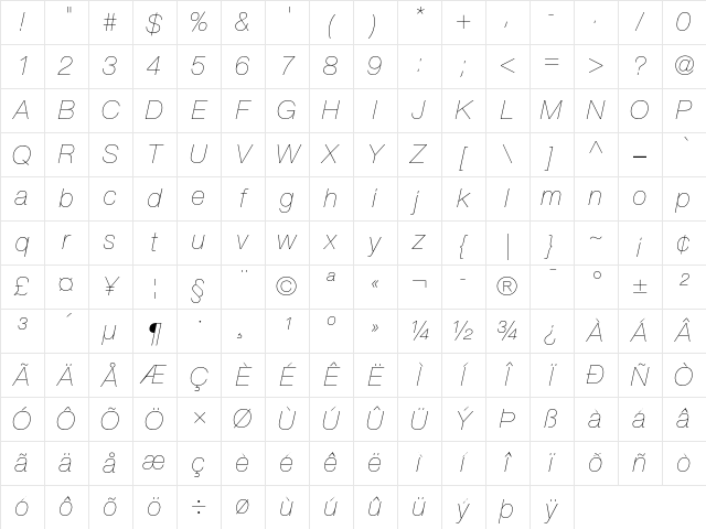 Helvetica Neue 26 Ultra Light Italic Character Map
