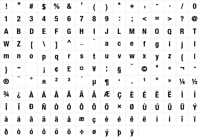 Helvetica Neue LT Pro 77 Bold Condensed Character Map