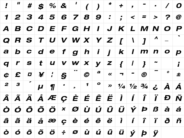 Helvetica Neue LT Pro 73 Bold Extended Oblique Character Map