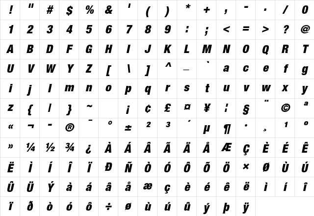 Helvetica Neue LT Pro 97 Black Condensed Oblique Character Map