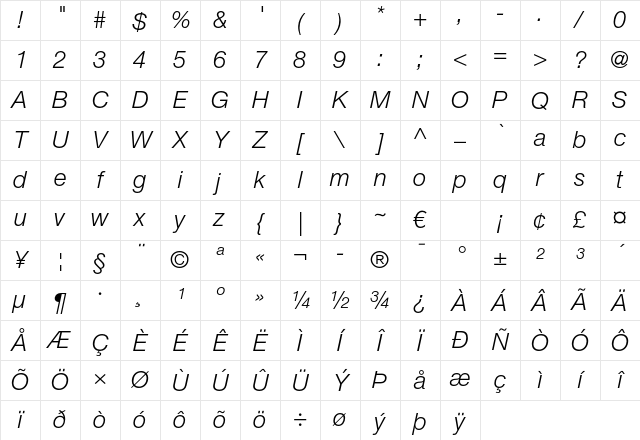 Helvetica Neue LT Pro 46 Light Italic Character Map