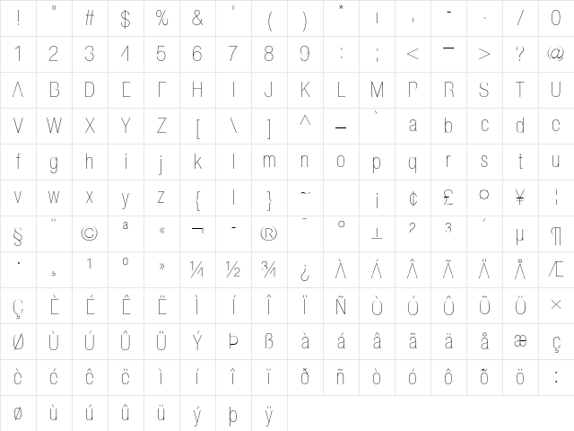 Helvetica Neue LT Pro 27 Ultra Light Condensed Character Map
