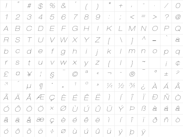 Helvetica Neue LT Pro 23 Ultra Light Extended Oblique Character Map