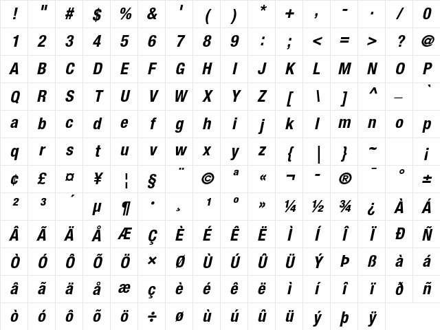 Helvetica Neue LT Std 77 Bold Condensed Oblique Character Map
