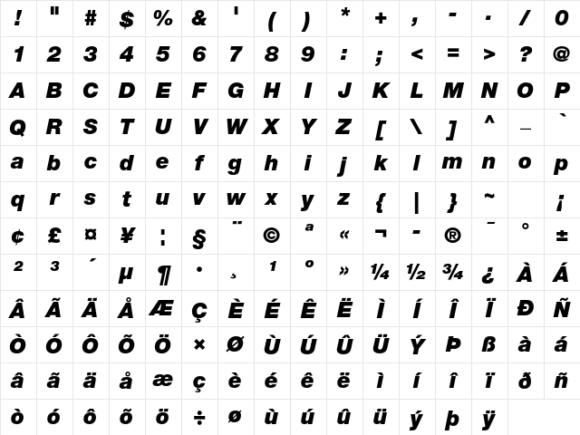 Helvetica Neue LT Std 96 Black Italic Character Map
