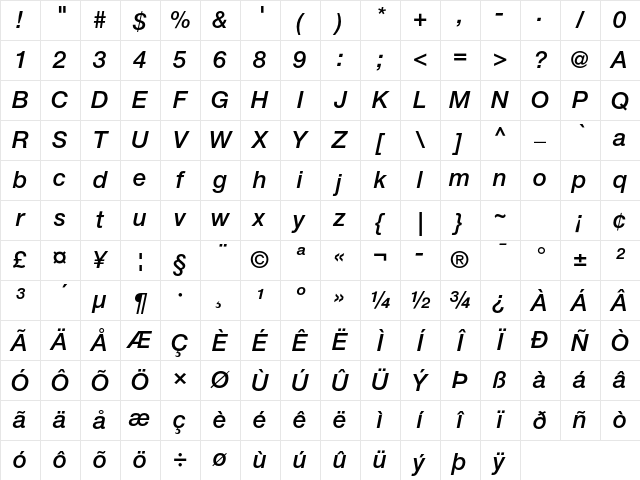 Helvetica Neue LT Std 66 Medium Italic Character Map
