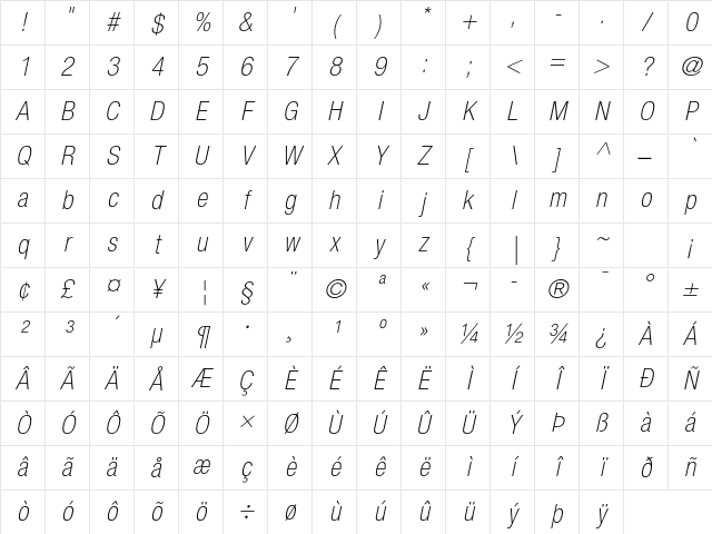 Helvetica Neue LT Std 37 Thin Condensed Oblique Character Map