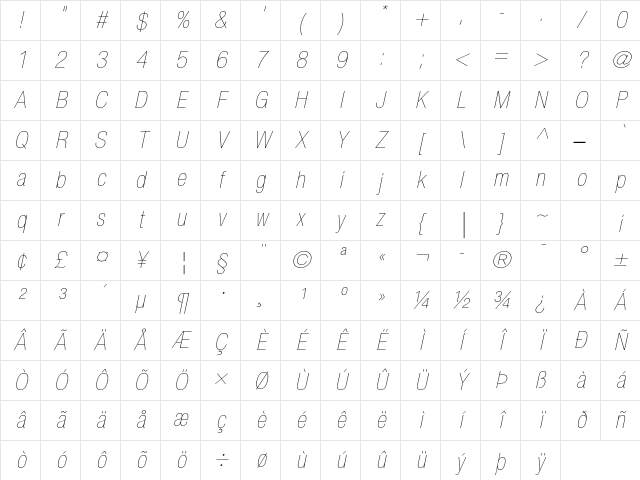 Helvetica Neue LT Std 27 Ultra Light Condensed Oblique Character Map