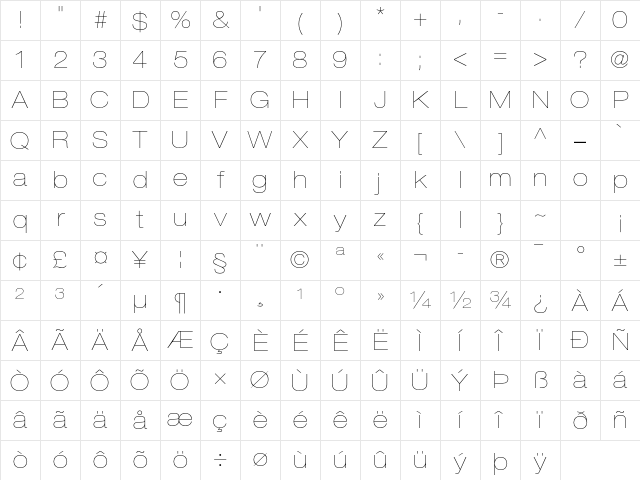 Helvetica Neue LT Std 23 Ultra Light Extended Character Map