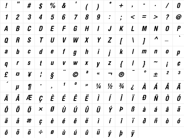 Helvetica Rounded Bold Condensed Oblique Character Map