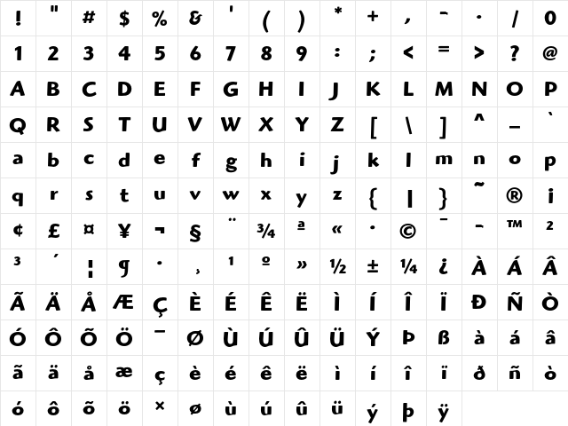 Highlander ITC Bold Character Map