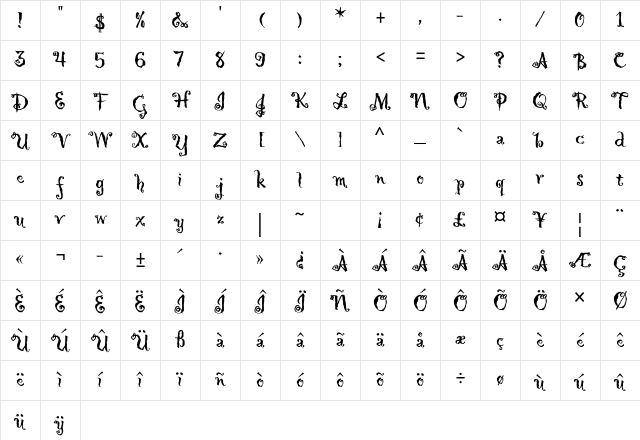 Hollyweird Std Regular Character Map