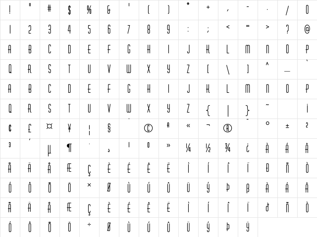 HuxleyVertICG Bold Character Map