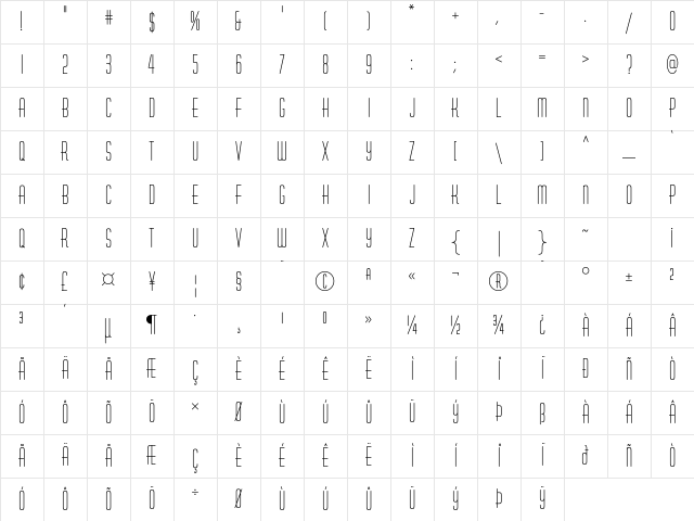 HuxleyVertICG Regular Character Map