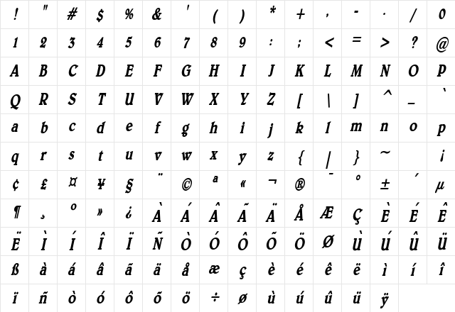 Blew Condensed Bold Italic Character Map Blew Condensed Bold Italic Character Map