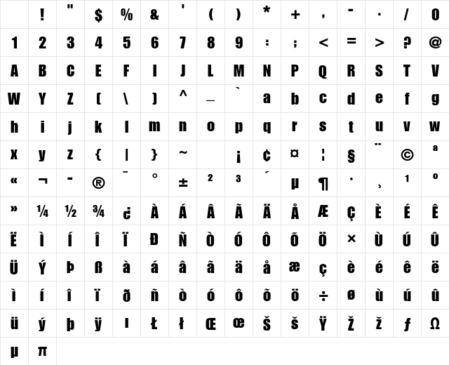 Impact LT Std Roman Character Map Impact LT Std Roman Character Map