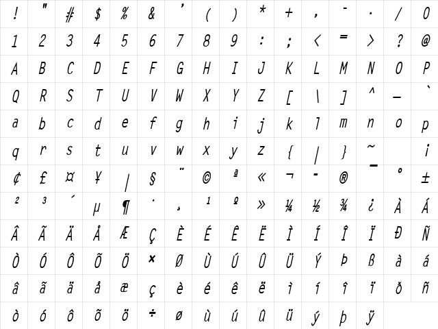 Lechter Condensed Bold Italic Character Map