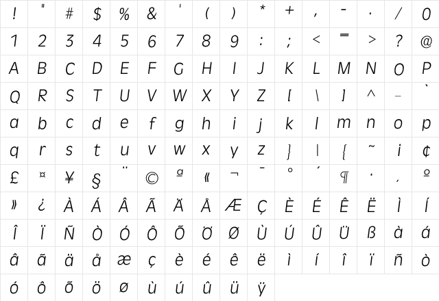 Iravenna Light Character Map