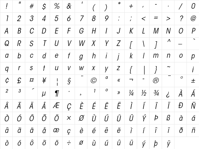 ITC Avant Garde Gothic Std Book Condensed Oblique Character Map