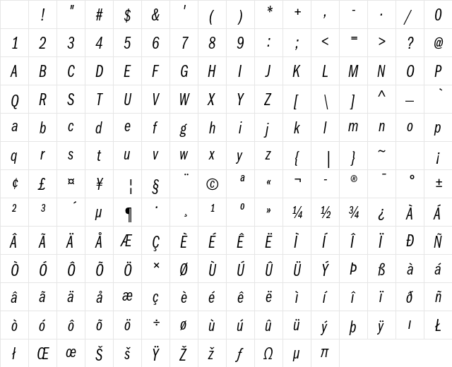 ITC Franklin Gothic Std Book Compressed Italic Character Map ITC Franklin Gothic Std Book Compressed Italic Character Map