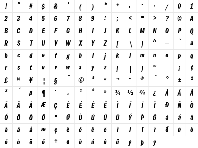 ITC Franklin Gothic Std Demi Compressed Italic Character Map ITC Franklin Gothic Std Demi Compressed Italic Character Map