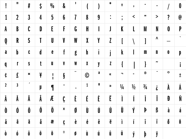 ITC Franklin Gothic Std Demi Extra Compressed Character Map