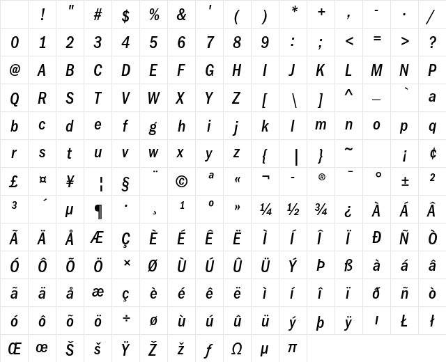 ITC Franklin Gothic Std Medium Condensed Italic Character Map