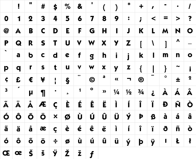 ITC Kabel LT Bold Character Map ITC Kabel LT Bold Character Map