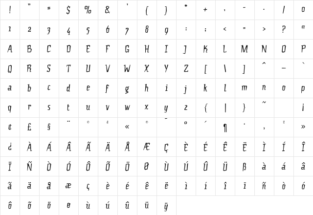 JacqueSlim Regular Character Map