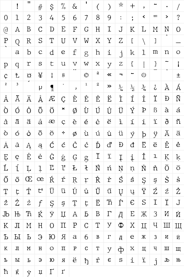 JMH Typewriter Thin Character Map JMH Typewriter Thin Character Map