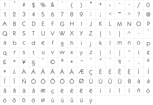 Kabel Xlight Character Map