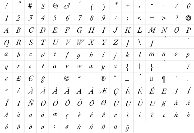 Lega Italic Character Map