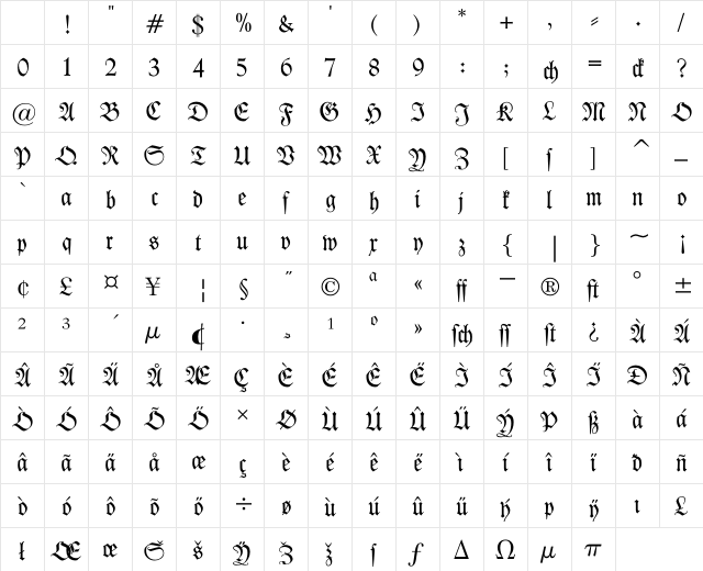 Kleist-Fraktur Regular Character Map Kleist-Fraktur Regular Character Map