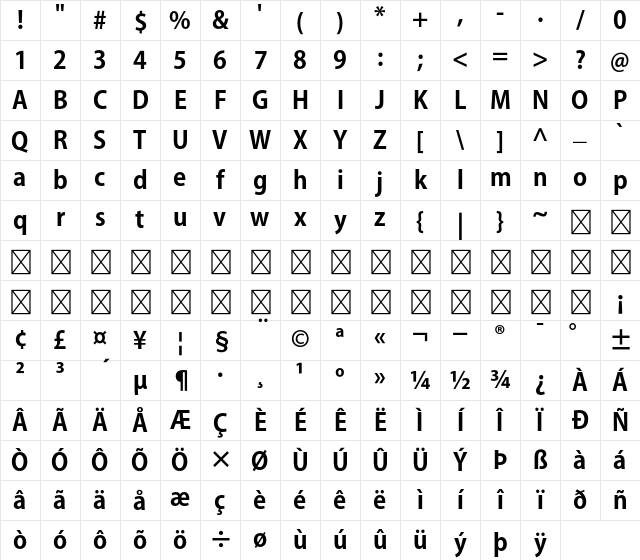 Kozuka Gothic Pro B Character Map
