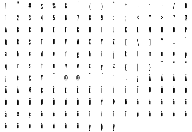 League Gothic Condensed Regular Character Map