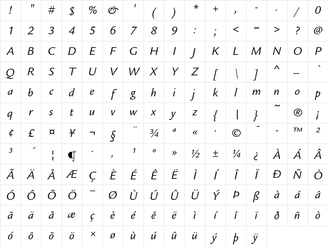 Legacy Sans ITC Book Italic Character Map