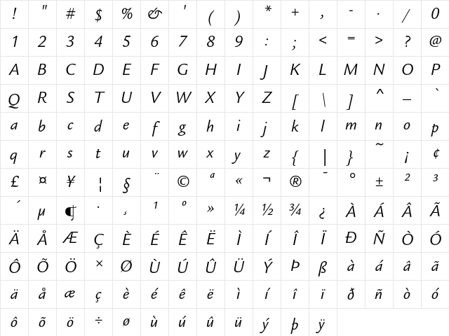 ITC Legacy Sans Book Italic Character Map