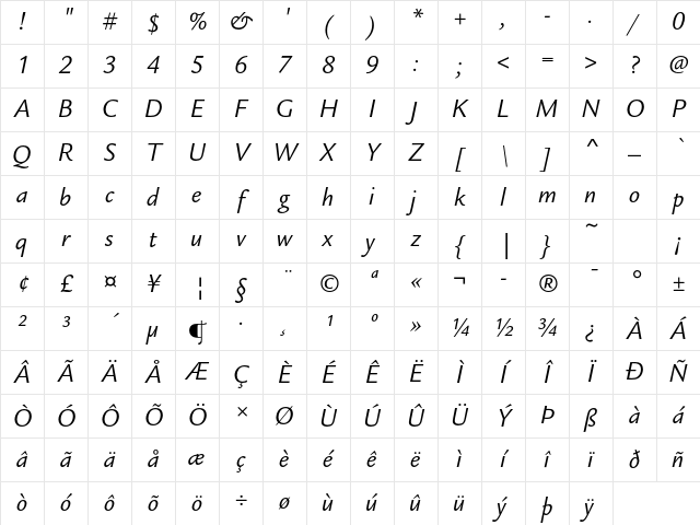ITC Legacy Sans Std Book Italic Character Map