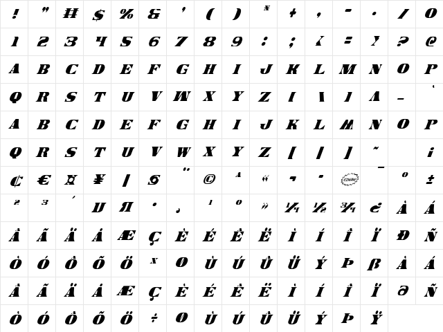 Legal Tender Condensed Italic Condensed Italic Character Map