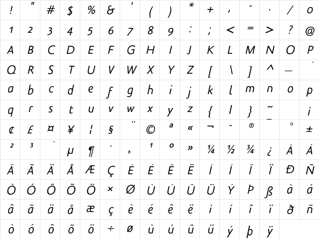 Legal LT Std Book Italic Character Map