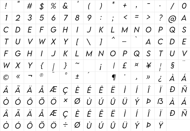 LEMON MILK Light Italic Character Map