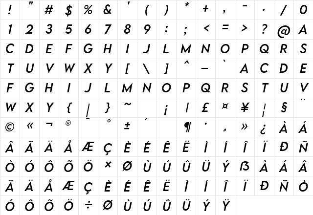 LEMON MILK Regular Italic Character Map