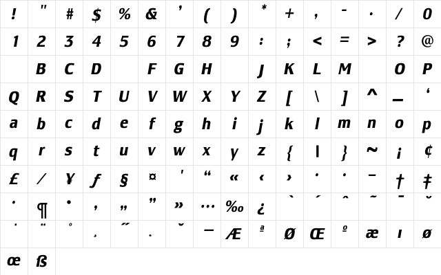 LesmoreBoldCondensedItalic Regular Character Map