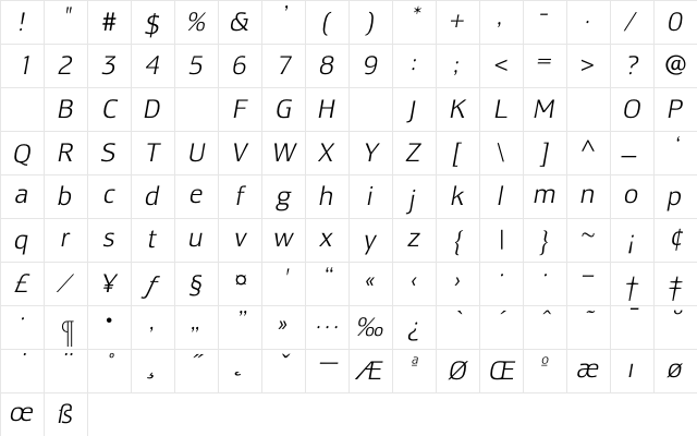 LesmoreLightItalic Regular Character Map