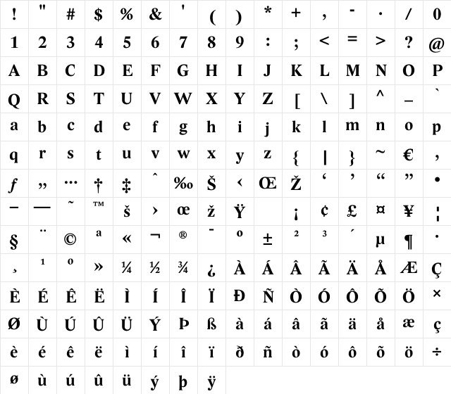 Lido STF CE Bold Character Map