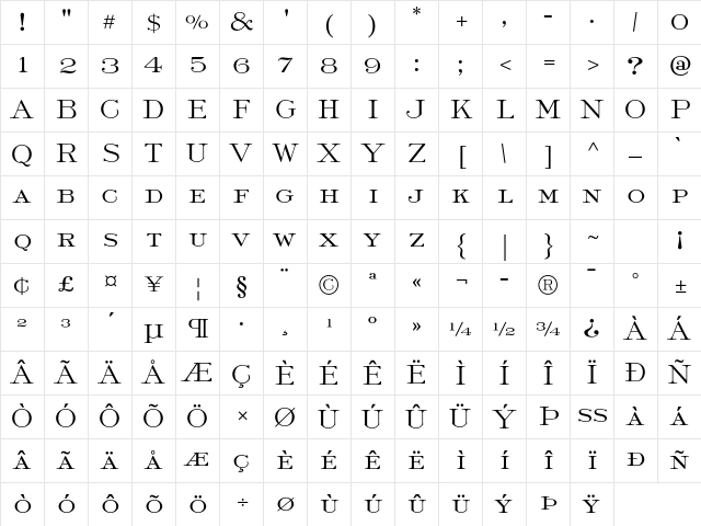 Light Roman Std Regular Character Map