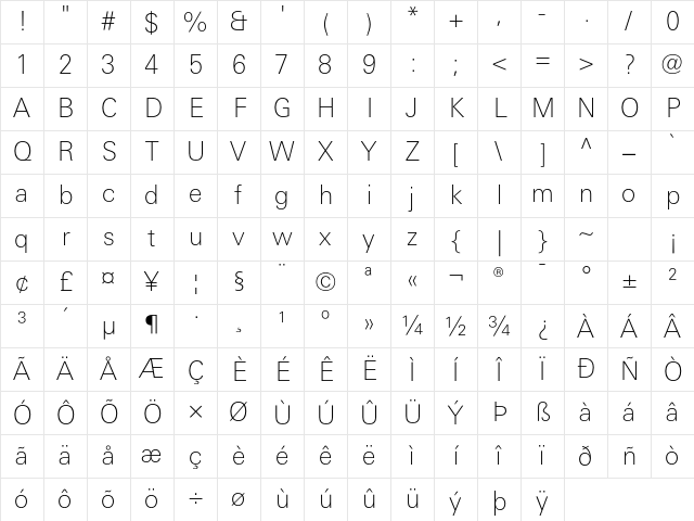 LinotypeUnivers BasicThin Character Map